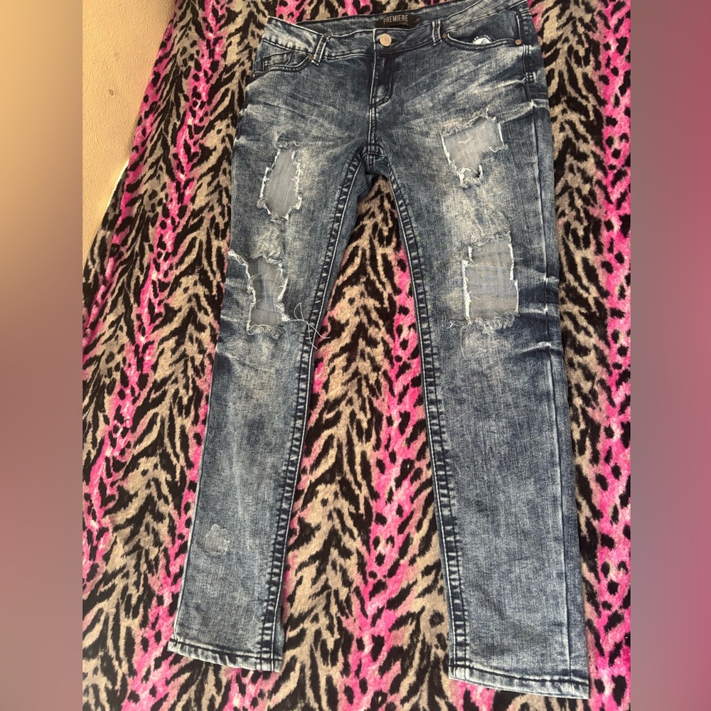 PREMIERE Acid Wash Denim Ripped Skinny Jeans